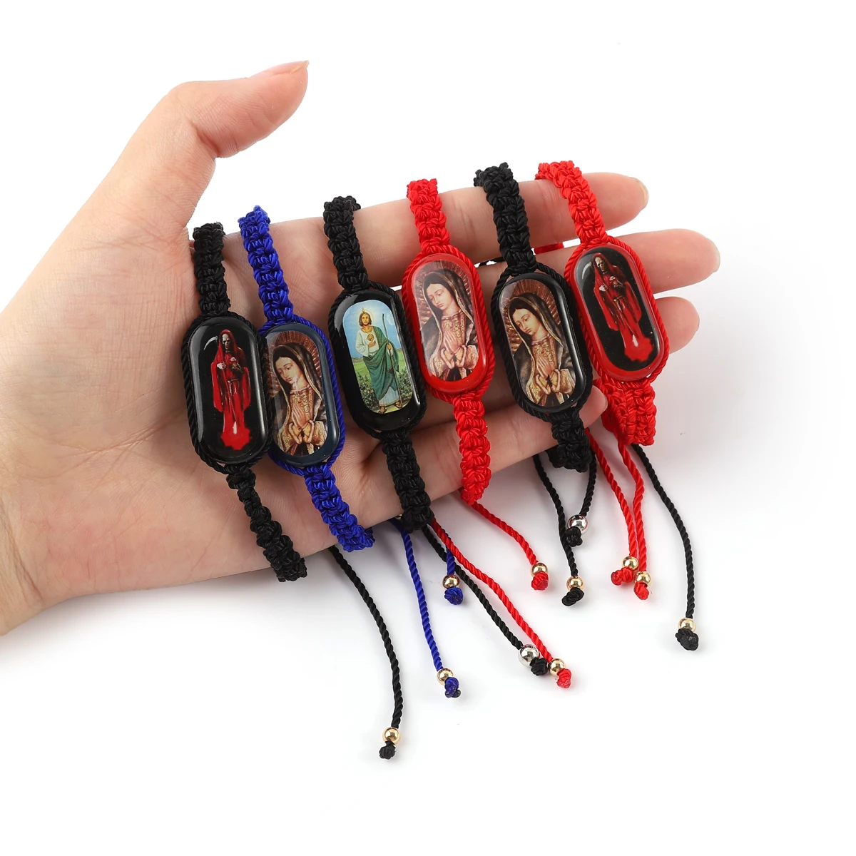 1 Juego de pulsera ajustable tejida a mano de madera con forma ovalada, multicolor, goteo de aceite, Virgen María, Dios de la riqueza