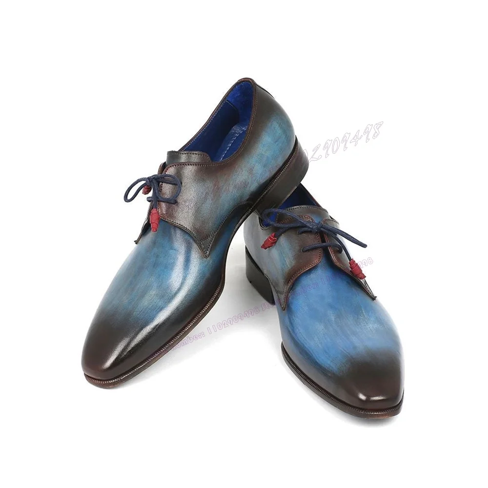 

Blue Vintage Handmade Men's Shoes Lace Up Chunky Heels Dress Shoes for Men Business Runway Derby Shoes Zapatos Para Hombres