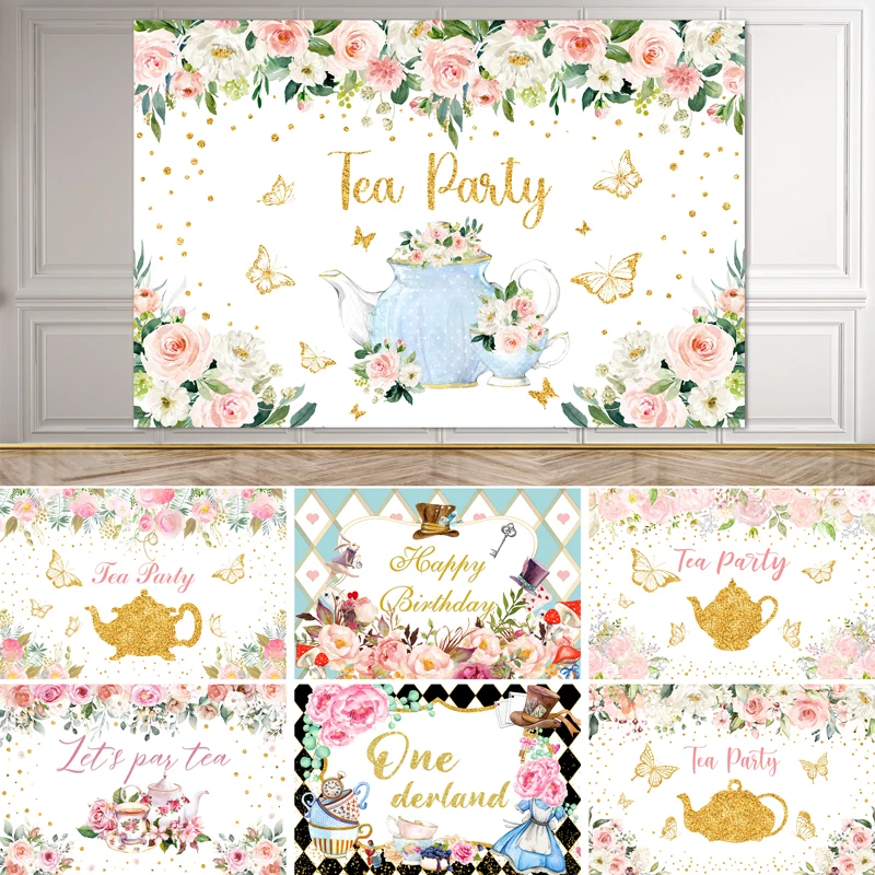 

SeekPro Tea Party Princess Photo Backdrop Birthday Floral Photography Teapot Pink Girl Butterfly Baby Shower Flowers Decoration