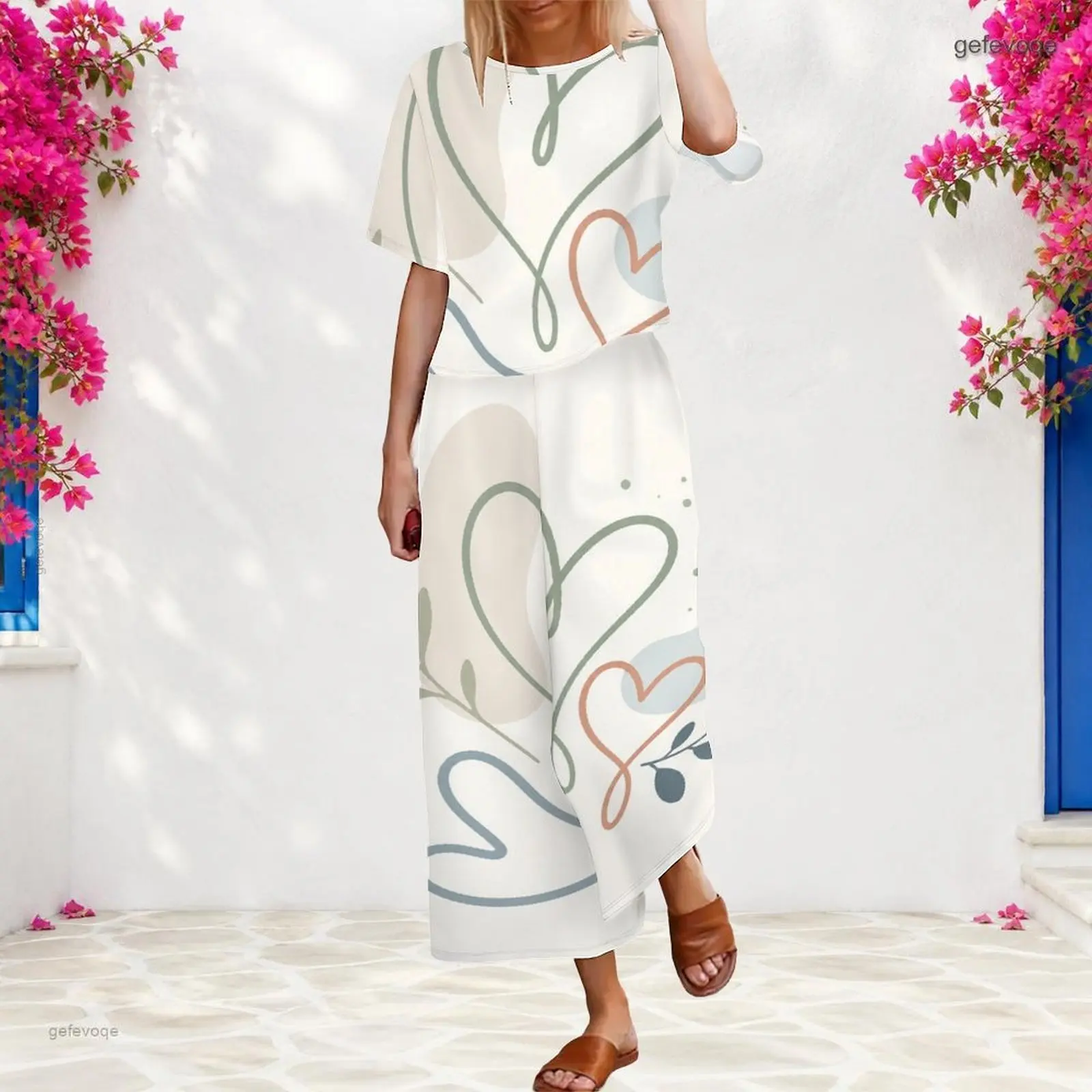 Women 2 Piece Outfit Round Neck Short Sleeve Top With Elastic Waist Wide Leg Pants Set Custom Print Ladies Casual Loungewear