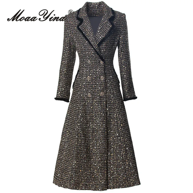 

MoaaYina 2025 Autumn/Winter Fashion Coat Mesh Line Splicing Long Sleeve Feather Collar Coat