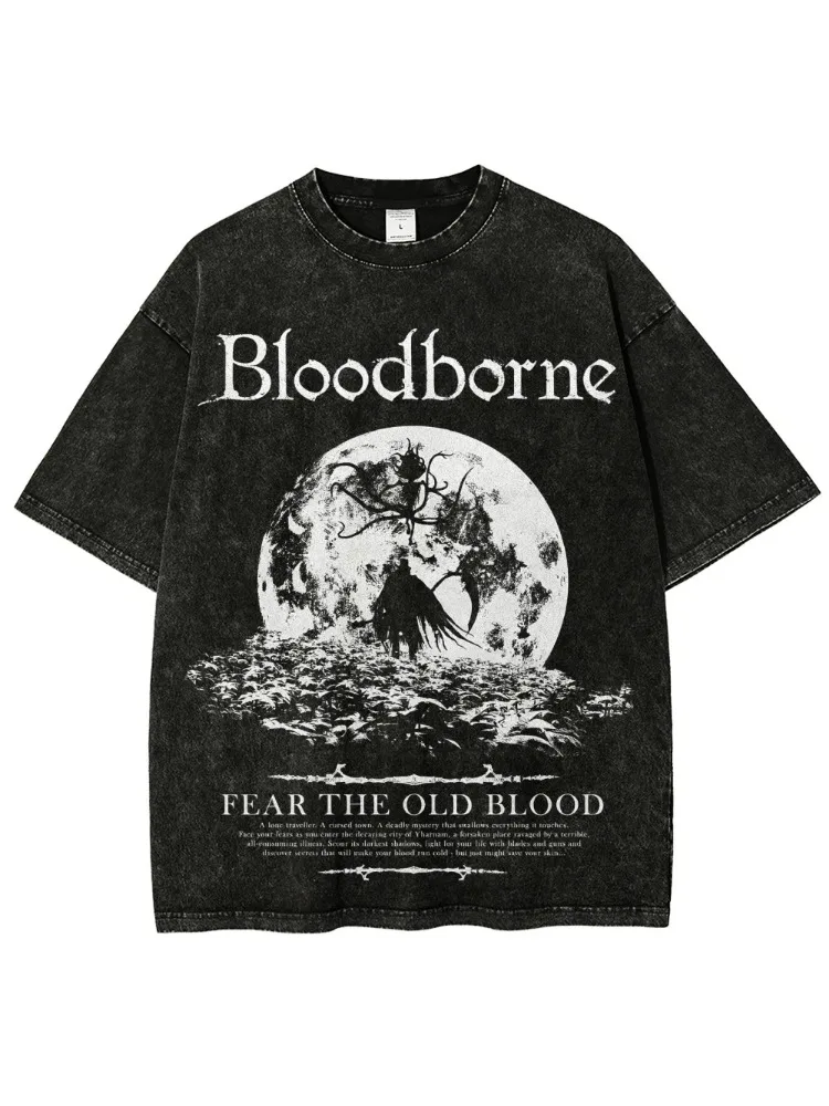 Nouveau T-shirt imprimé Bloodborne, jeu de rôle d'action tendance, style vintage délavé, en coton ample et oversize pour hommes et femmes