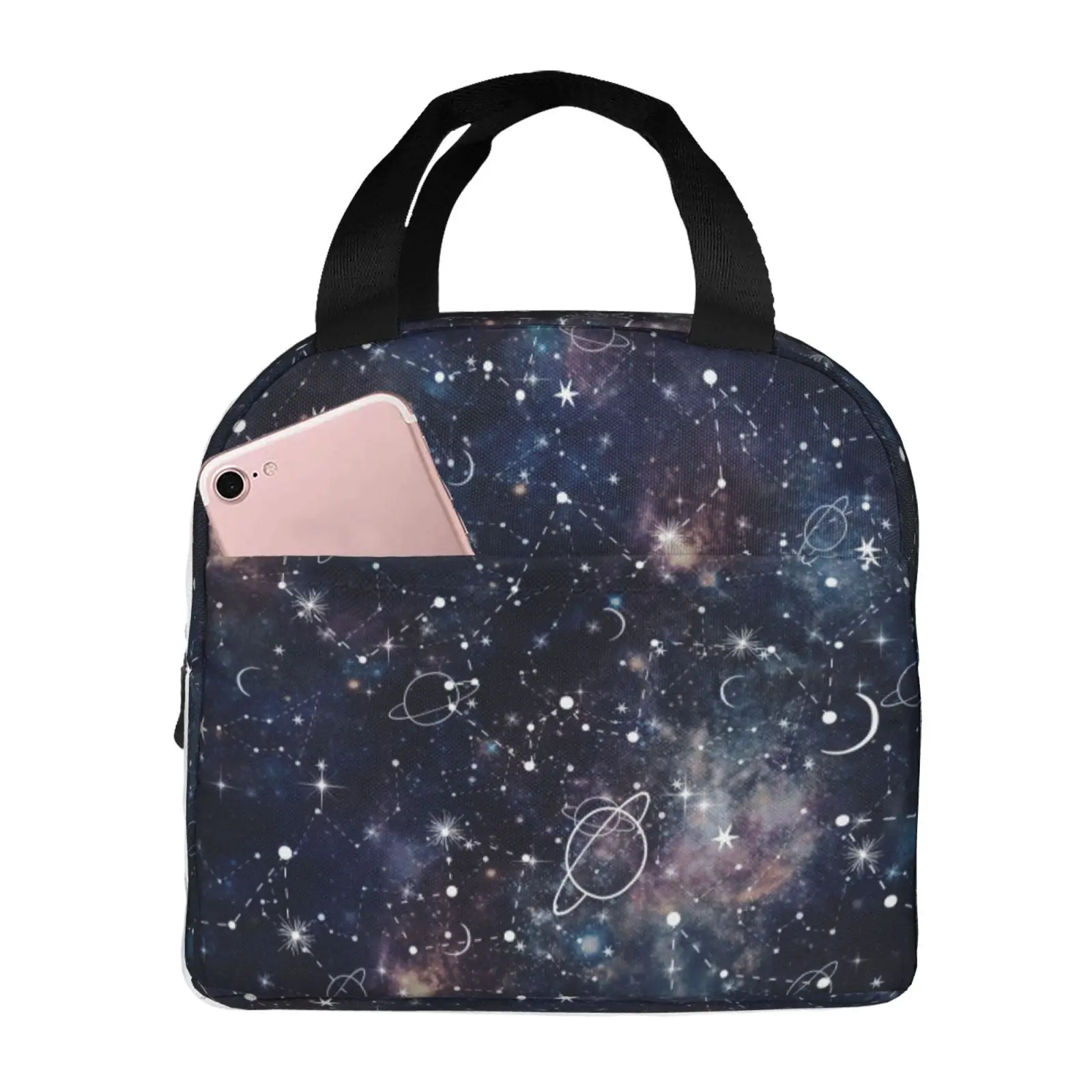 Planet Star Constellation Galaxy Print Lunch Tote Bag Insulated Leakproof Lunch Box Container with Front Pocket for Girls Boys