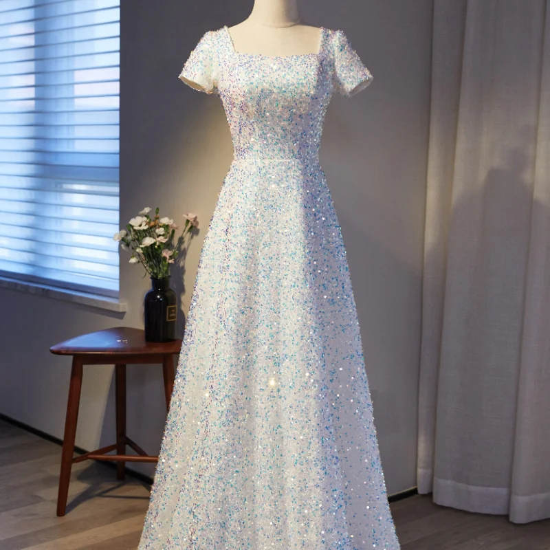 Robe de Soirée Blanche Personnalisée à Paillettes pour Femme, Tenue de Bal, pour Occasions Formelles