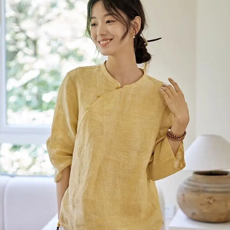 Linen New Chinese Style Improved Hanfu Diagonal T-shirt Shirt Top Chinese Style Yellow Pullover Loose Top for Women