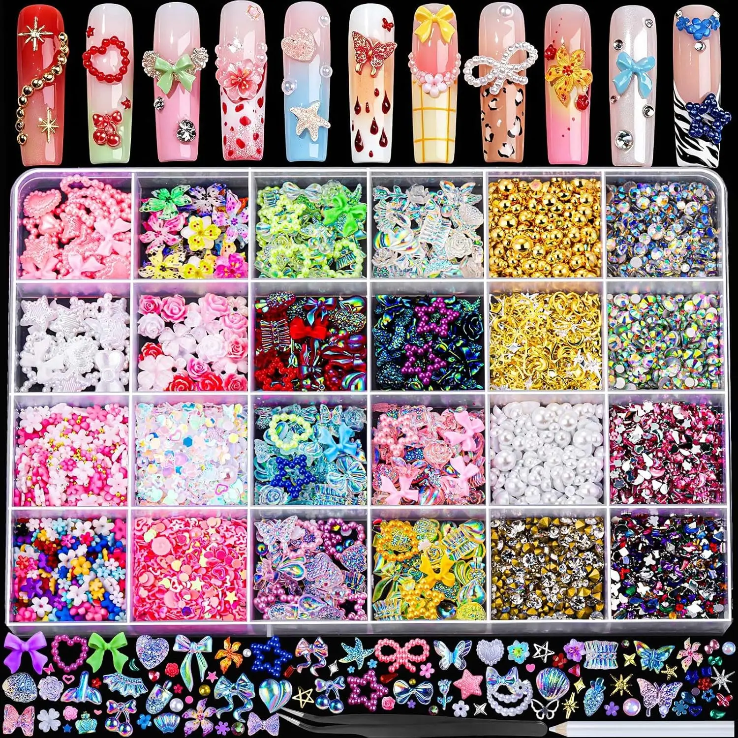Image of 24-teiliges Nagelcharms-Set AB Strass Nagelperlen 3D Blumen Nageljuwelen Mehrformige Nagelkunst-Dekorationen für DIY Salon