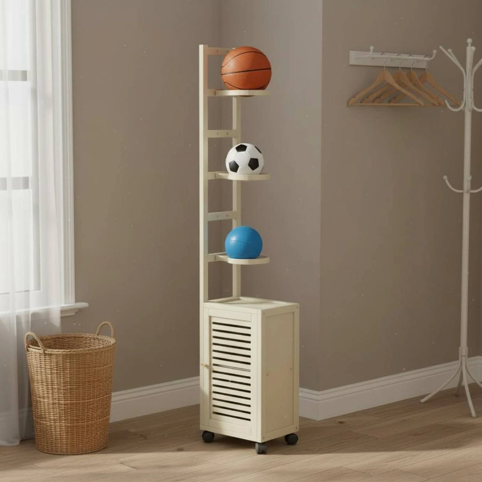 Rolling Ball Storage Rack Movable Mobile Sports Ball Organizer Basketball Storage Rack Wheeled Large Capacity for Home, Playroom