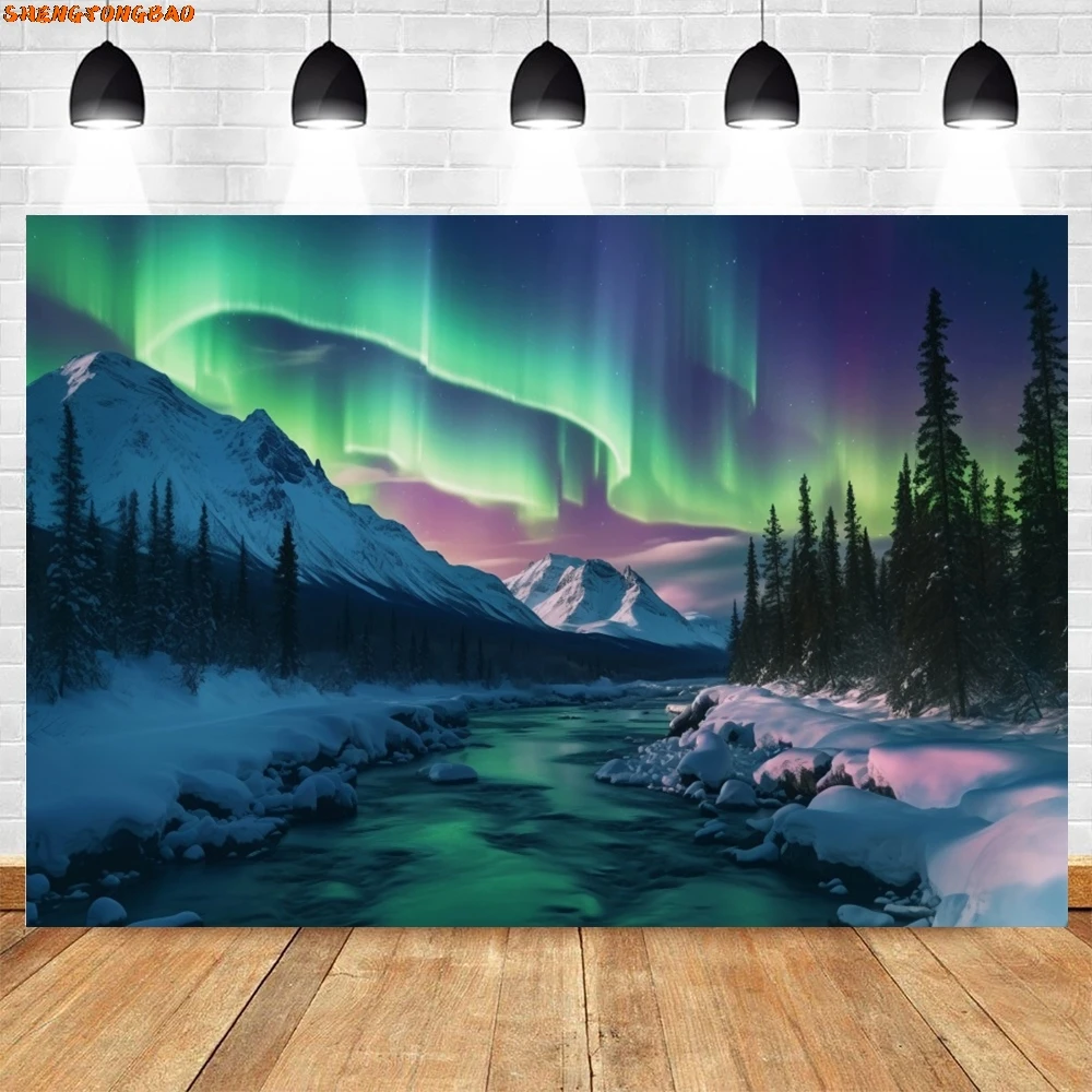 

Winter Night Aurora Natural Scene Backdrop Arctic Snow Capped Mountains Lake Starry Sky Landscape Background Photography Props