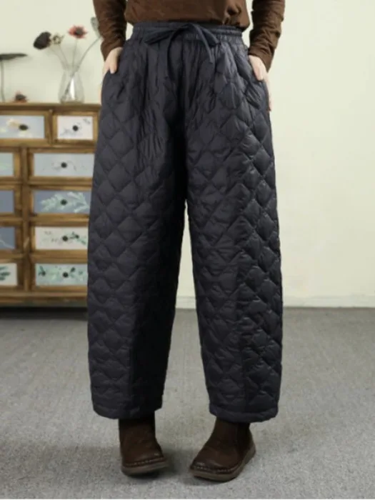 بنطلون قطني مبطن خفيف الوزن بحزام ريترو سروال هارلان عالي الخصر مطاطي دافئ كاجوال فضفاض مناسب لمنتصف العمر...