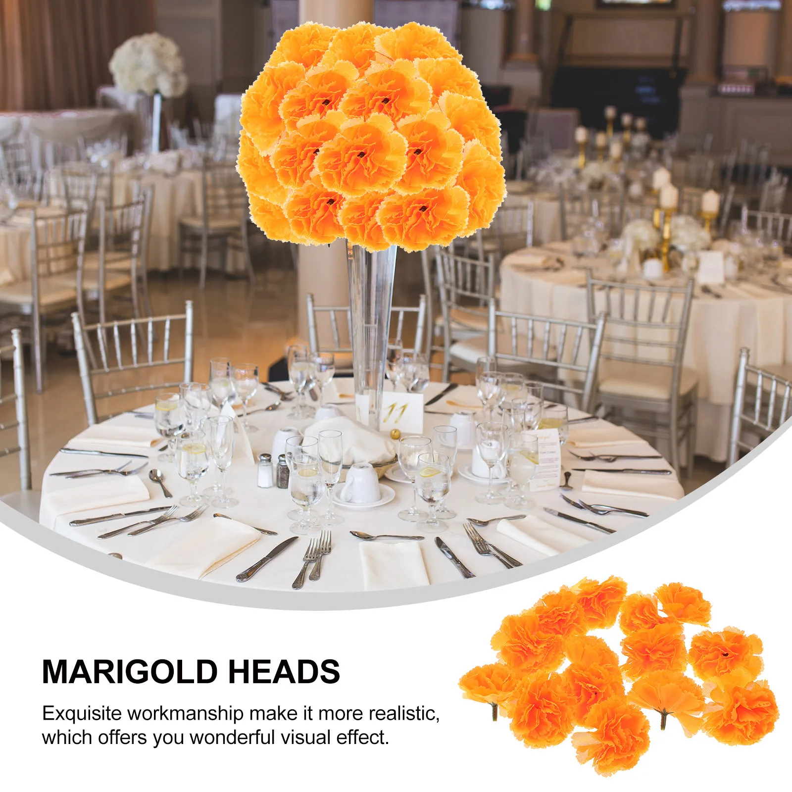 

50Pcs Artificial Marigold Flower Props Safe Material Realistic Visual Effect DIY Wedding Party Supplies Marigold Heads