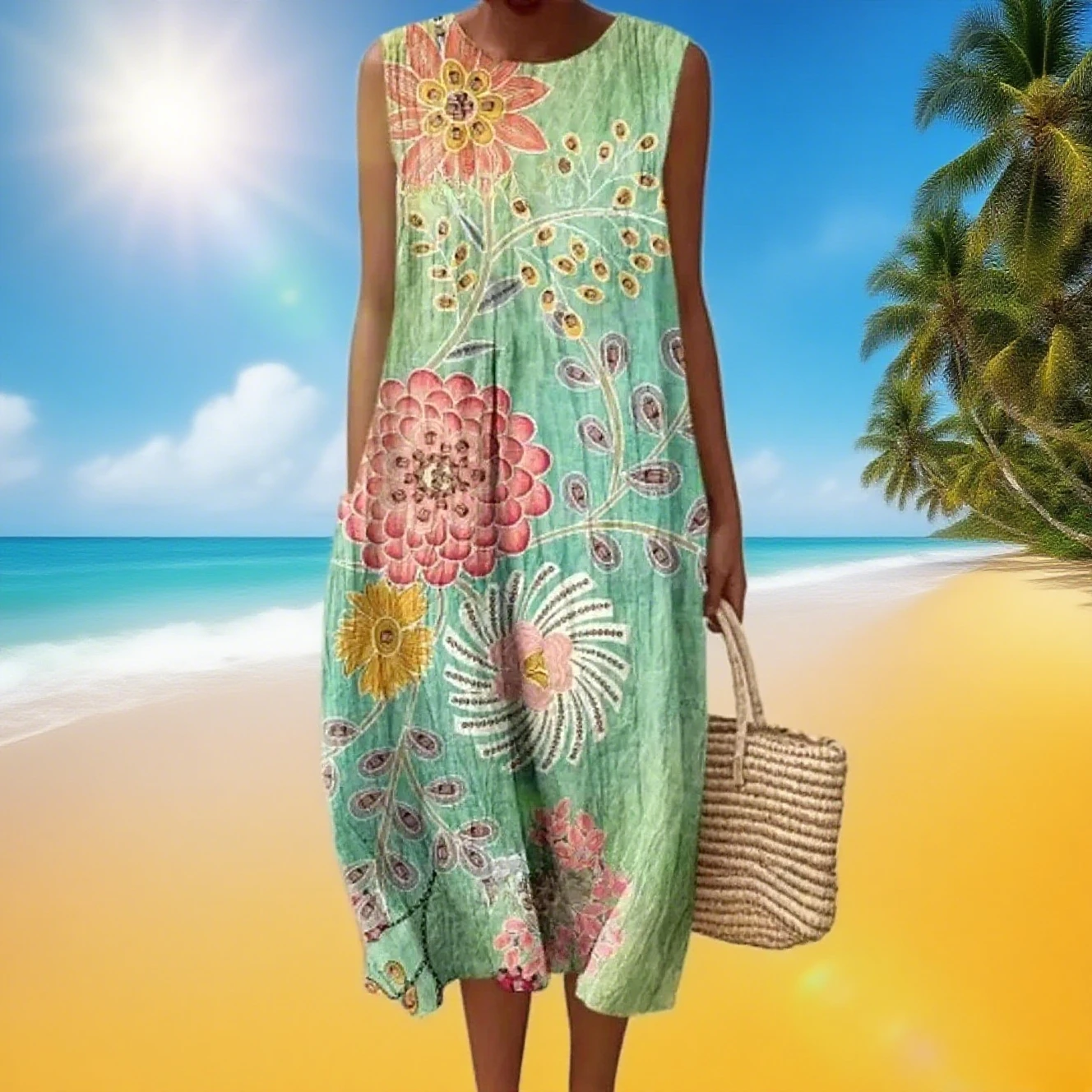 

Fashion Elegant Casual Loose Long Dress 2025 Summer Beach Woman Printing Sleeveless Dress