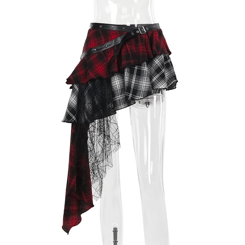 Goth Dark 90s Grunge Plaid Print Irrugular Hem Skirts Women Punk Streetwear Mall Gothic Zip Pleated Mini Skirt E-girl Alt Bottom - Image 6
