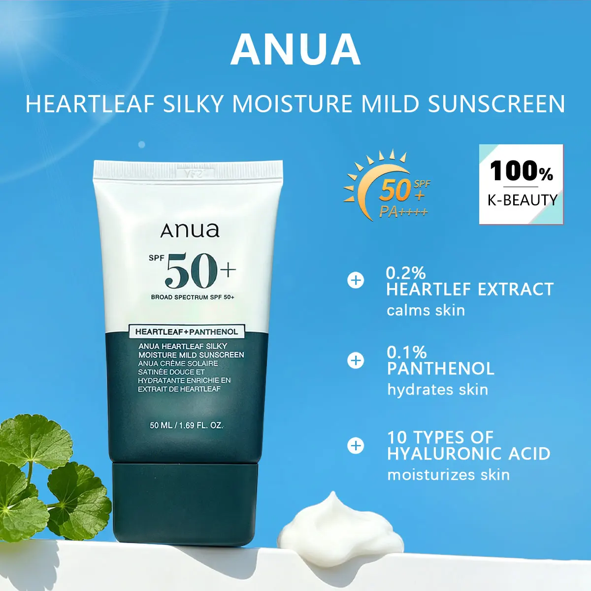 ANUA HEARTLEAF SILKY SUNCREAM 50ML, Silky Texture, Fresh Skin Feel, Korean Cosmetics, Korean Skincare