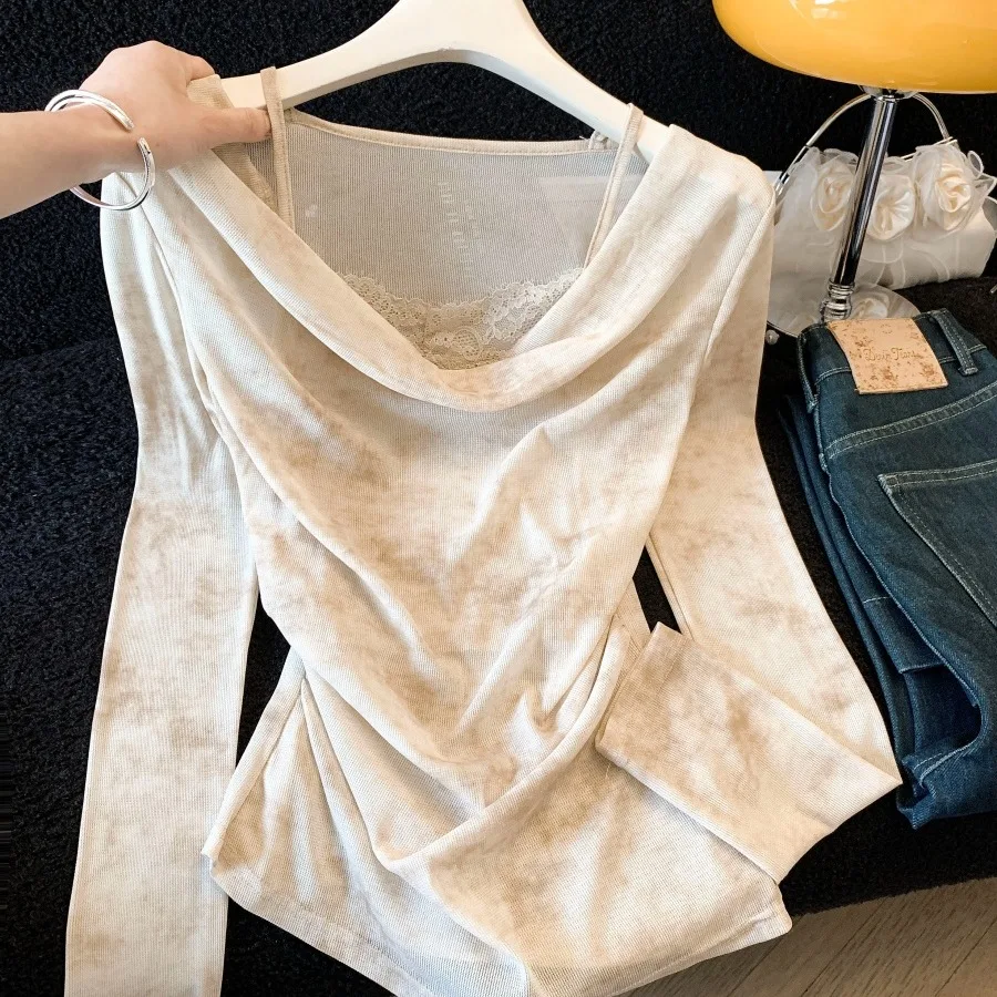

Lace Panel Long Sve T-irt Women's Slim Fit V-Ne Fake Two-Piece Spring 2026 Faionable Casual Top Ele Sle
