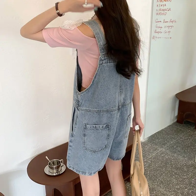 Denim Rompers Women Wide Leg Loose Korean Style Students Solid Summer Playsuits Leisure Trendy Pockets Streetwear All-match Soft