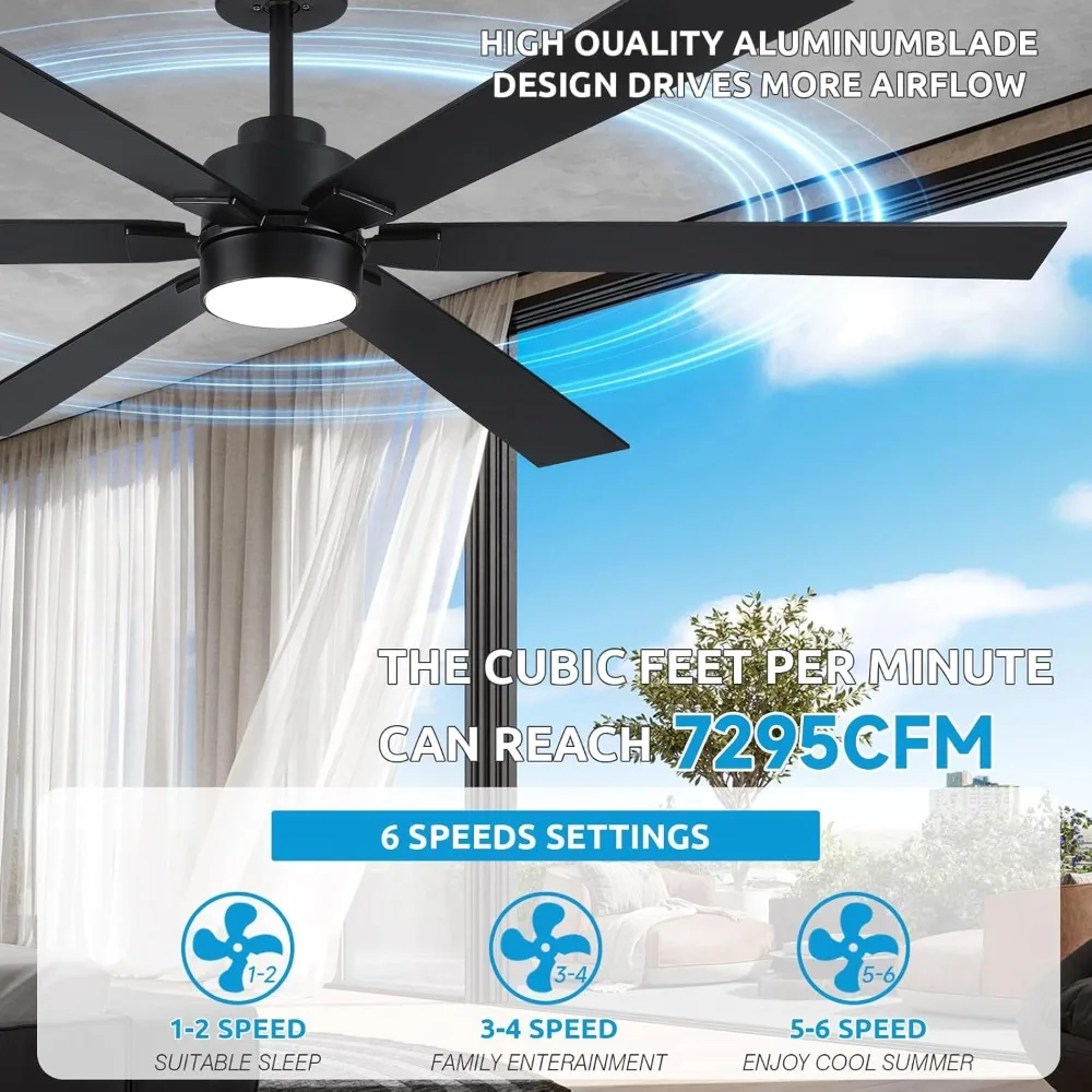 66 inch black large ceiling fan with light, reversible DC motor, used for indoor terrace, living room, porch, pavilion