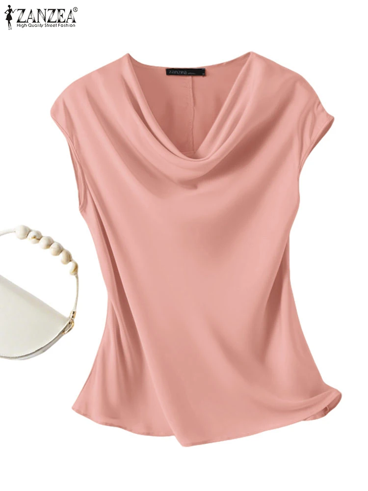 

ZANZEA Summer Office Work Shirt Women Satin Blouses Elegant Short Sleeve Solid Slim Fit Party Blusas Swing Neck Tunic Tops 2025