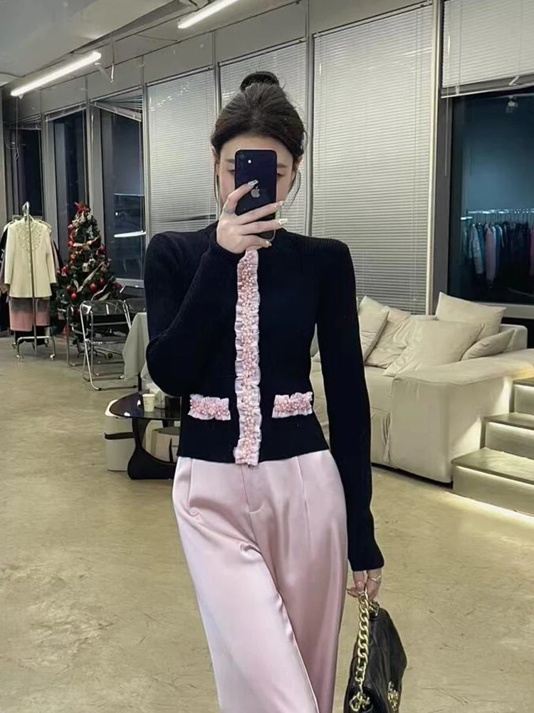 Fashionable Short Knitted Sweater Women's Slim Fit Top Elegant Pearl Button Wooden  Design Ladylike Style Premium Polyester