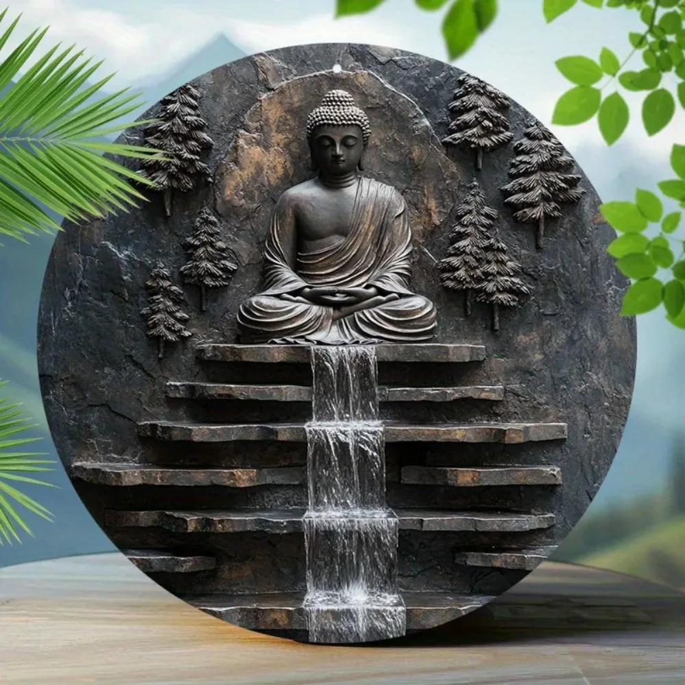 Vintage Metal Buddha Meditation Wall Art | Serene Monk & Waterfall Design | Outdoor Yard & Garden Zen Decor image 6