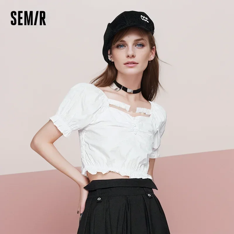 Semir women short-sleeve shirt short and slim square collar ruffled edge 2024 summer new elegant blouse