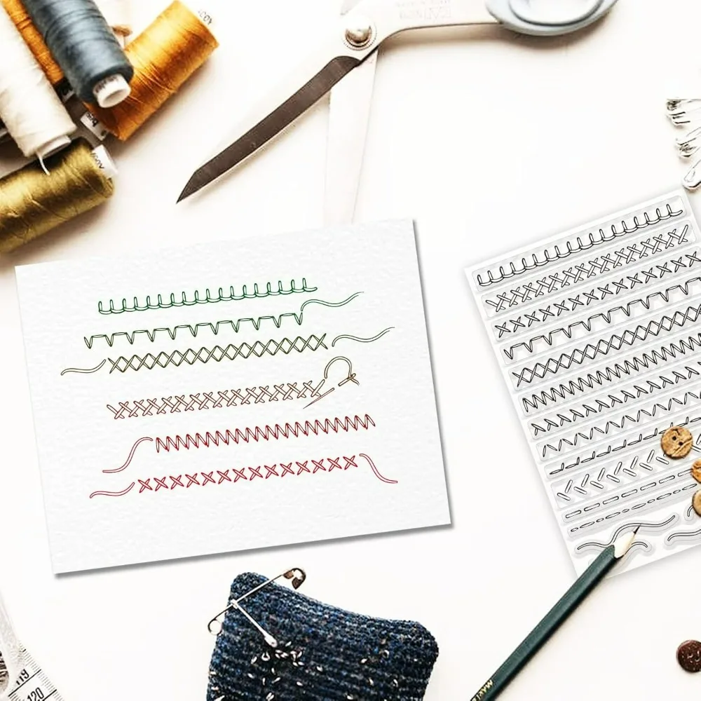 Sewing Thread Clear Stamp Stitch Border Silicone Clear Stamp Pattern Lines Stripe Seals for DIY Scrapbooking Journals