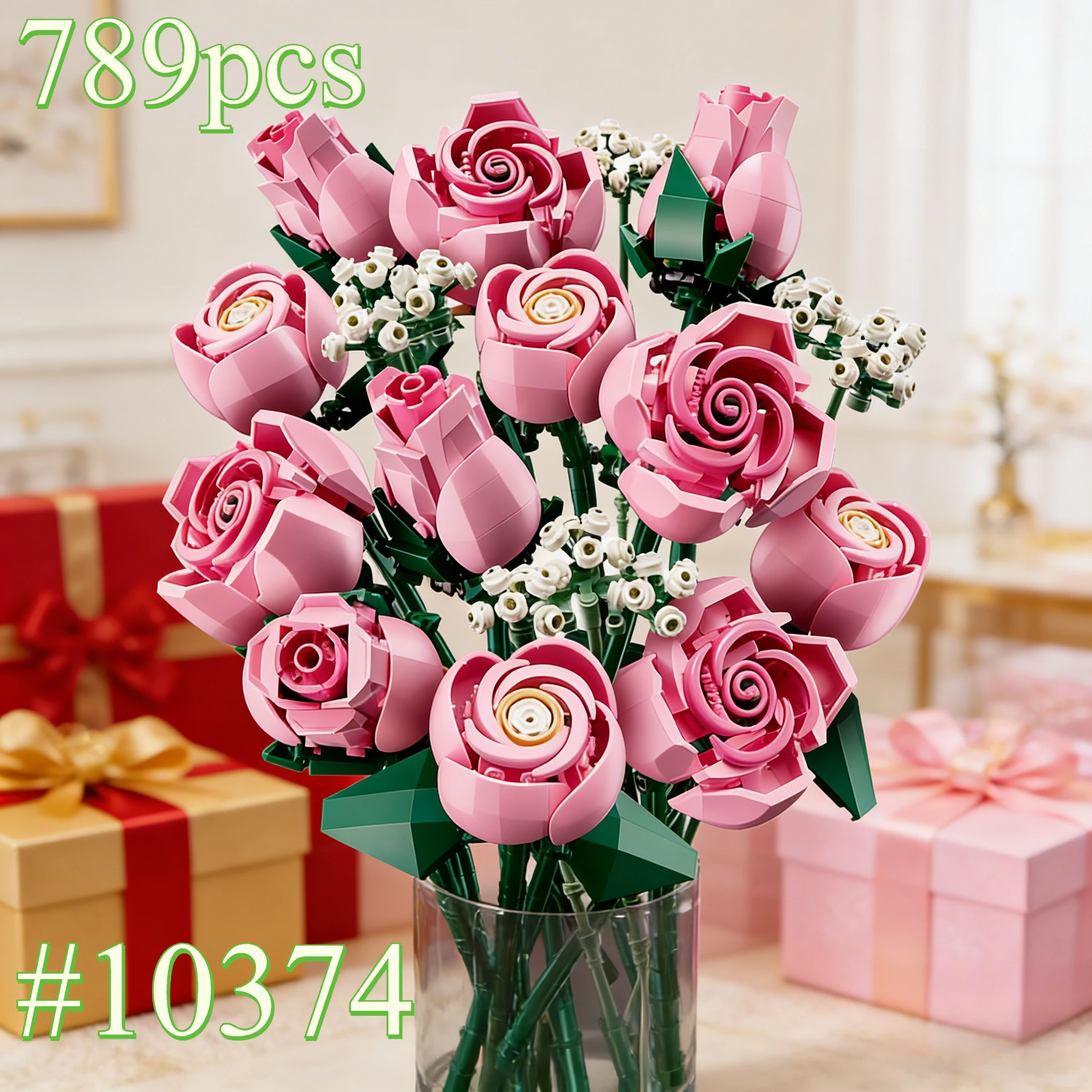 Pink Gradient Coloring Rose 10374 Building Blocks Sets Suitable for Christmas Gifts Compatible with Legoed Particles，789pcs.