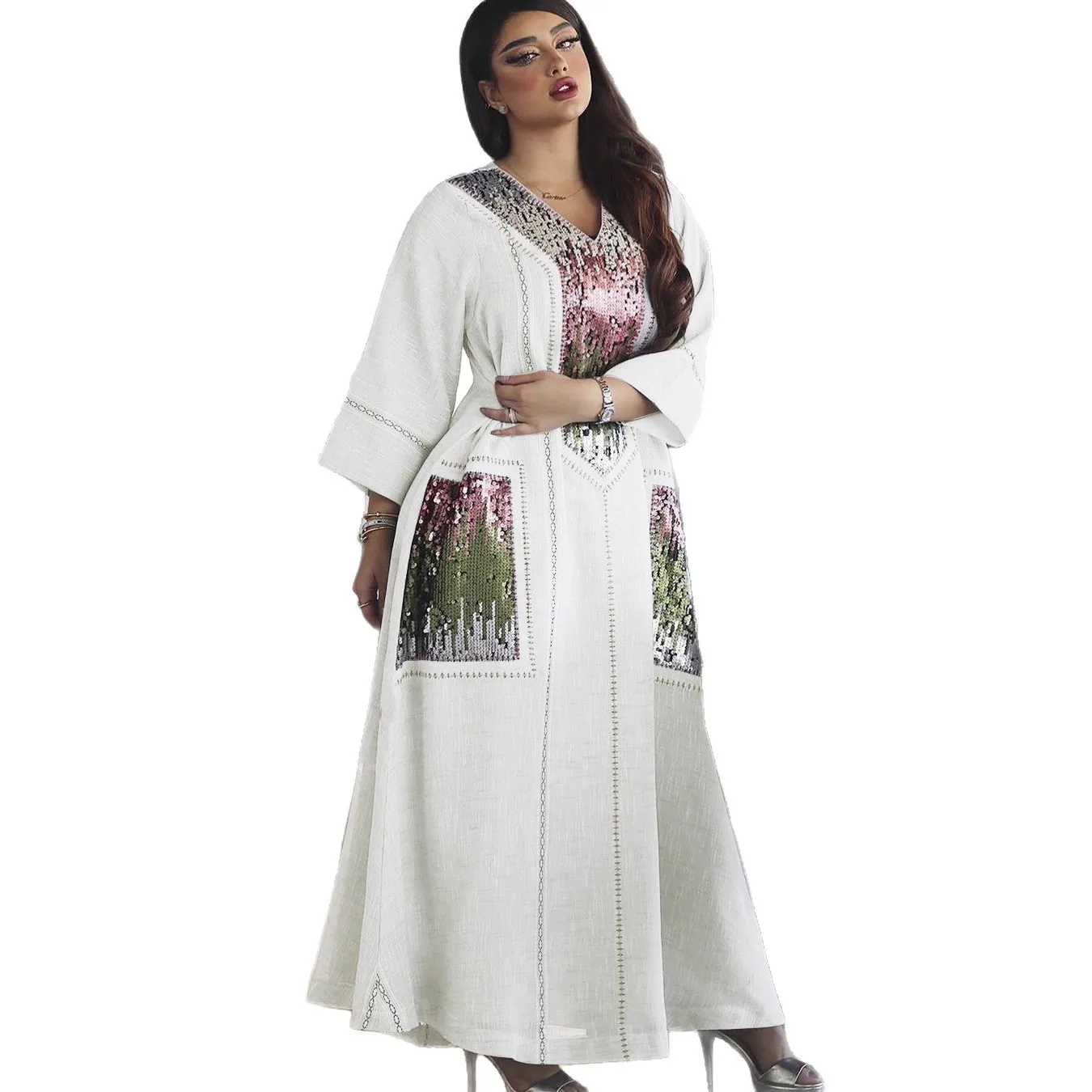 

Elegant Embroidered Sequin Robe Dress Plus Size Middle Eastern Kaftan Dress V Neck Long Sleeve Dress Fashion Muslim Abaya
