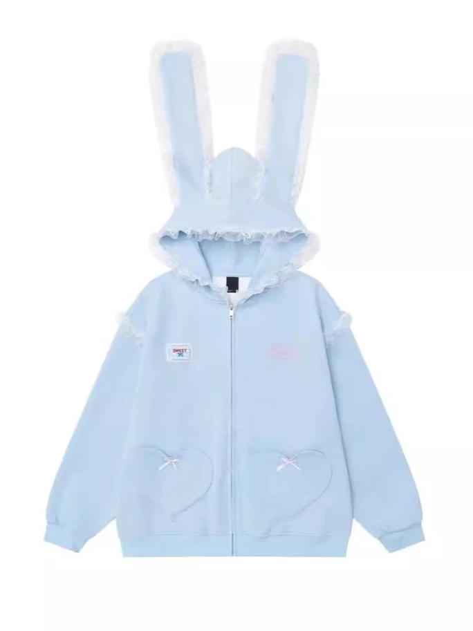 Japanese Coat Lace Rabbit Ear Hooded Sweatshirts Jacket Women's Spring and Autumn Casual Sweet Zipper Cardigan 2025 New