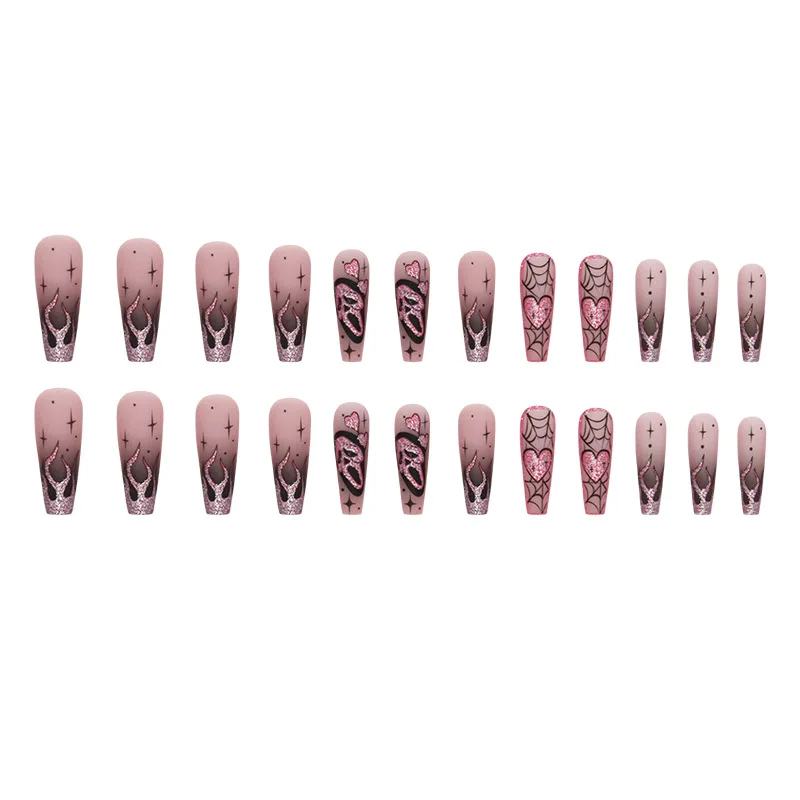 24 piezas uñas postizas con brillantina rosa y lentejuelas, diseño de Halloween con calaveras y corazones, estilo ballet europeo 5