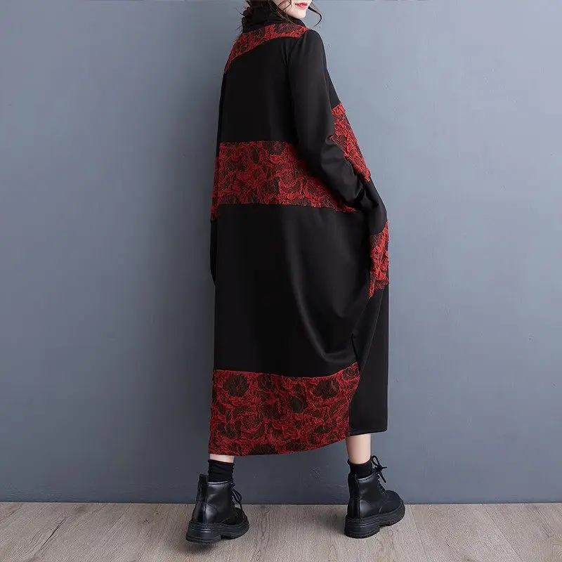 2025 Women's Mid Length Loose Cocoon High Neck Dress New Korean Fashion Contrast Color Flower Spliced Autumn Winter Robe C106