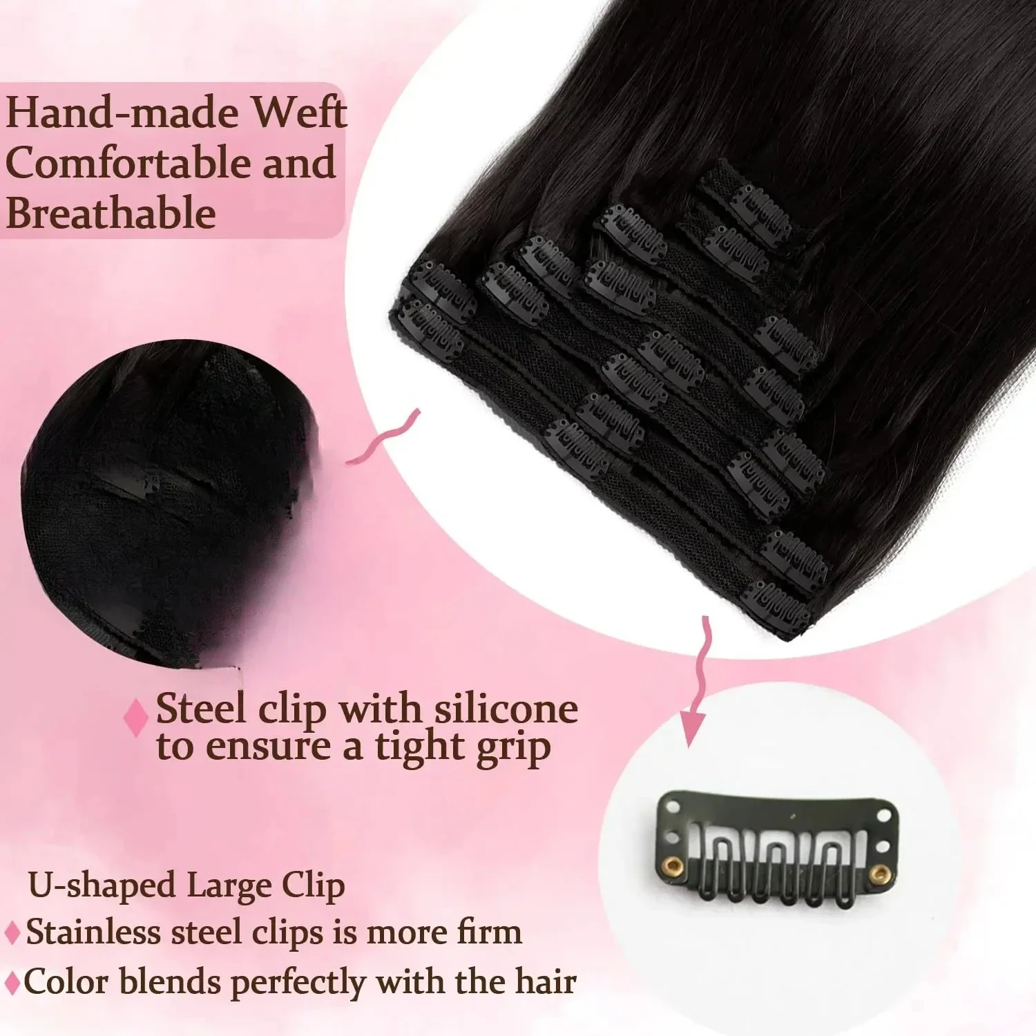 ผมต่อแบบคลิปหนีบ ผมแท้บราซิล ตรง สีดำธรรมชาติ ผมแท้เรมี่ ขนาด 20 22 24 26 นิ้ว 4 ชิ้น #   ผู้หญิง