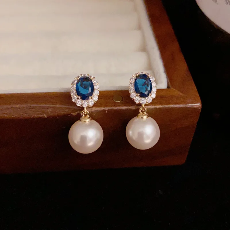 French Style 925 Sterling Silver Blue Zircon Pearl Pendant Stud Earrings For Women Weeding Party light luxury Fine Jewelry