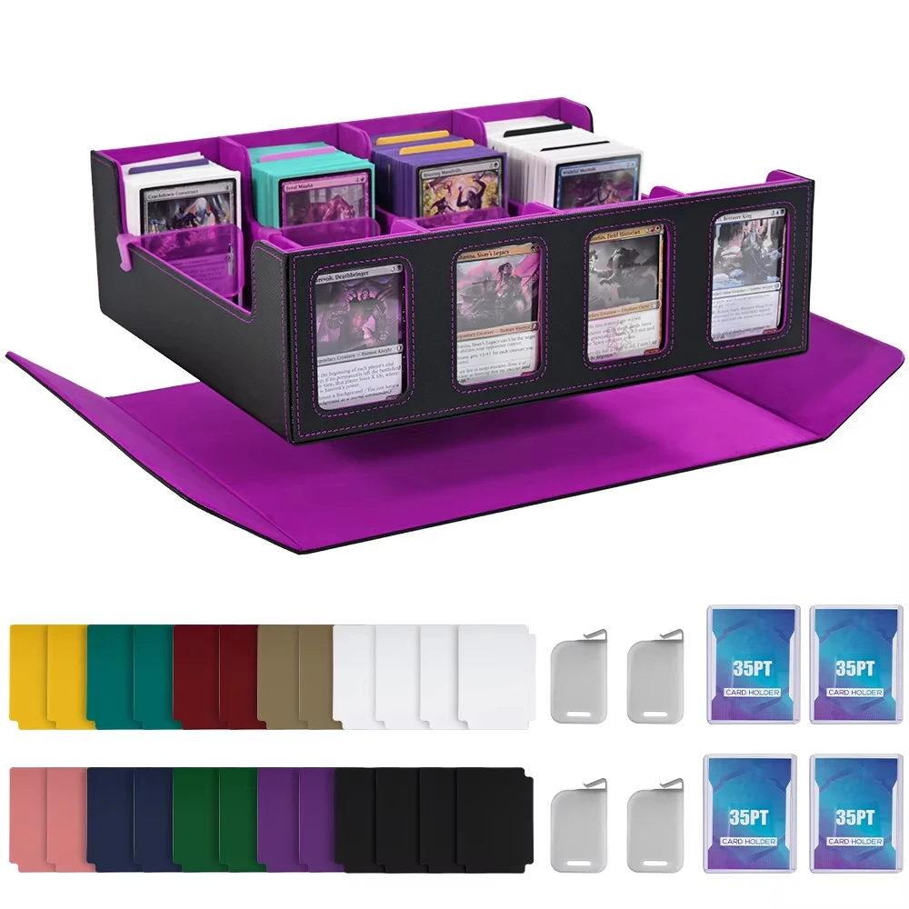 Trading Card Storage Box with Commander Display; 4-Row Deck Case with Removable Lid; 2400+ Deck Box for MTG with Removable Cover; Top Loaders Card Case Fits Magic TCG PTCG Sports Cards; 24 Dividers, 4 Stoppers