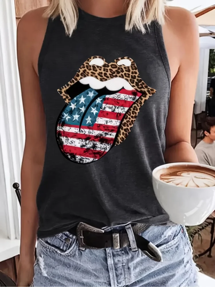 USA Flag Tongue Print Women's Sleeveless T-shirt Leopard Print Lip Print Women's Tank Top Summer Everyday Casual Women's Top