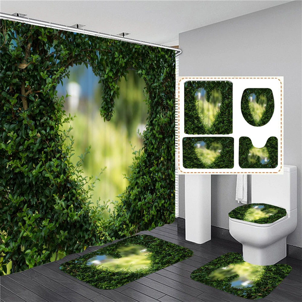 

Love Tree Print Shower Curtains with Hooks Bathroom Mat Set Anti-slip Soft Bath Carpet Rug Lover Valentines Home Decoration