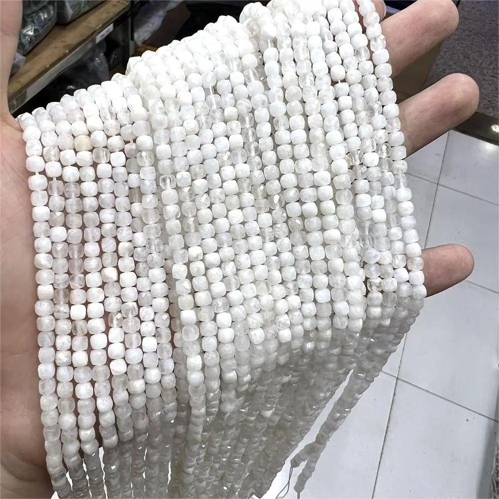Natural White Moon Stone Faceted Cube Cut Stone Loose Spacer Beads Strands Jewelry Making Accessories DIY Cylindrical Bead