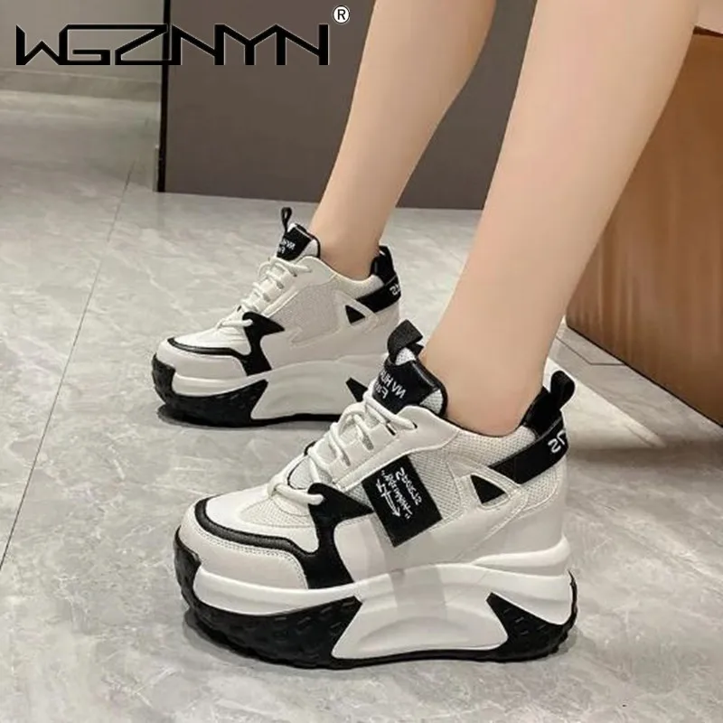 

Luxury High Flat Platform 9cm Height Increasing Casual Shoes Woman 2024 Spring New Hidden Wedge Sneakers Female Vulcanize Shoes