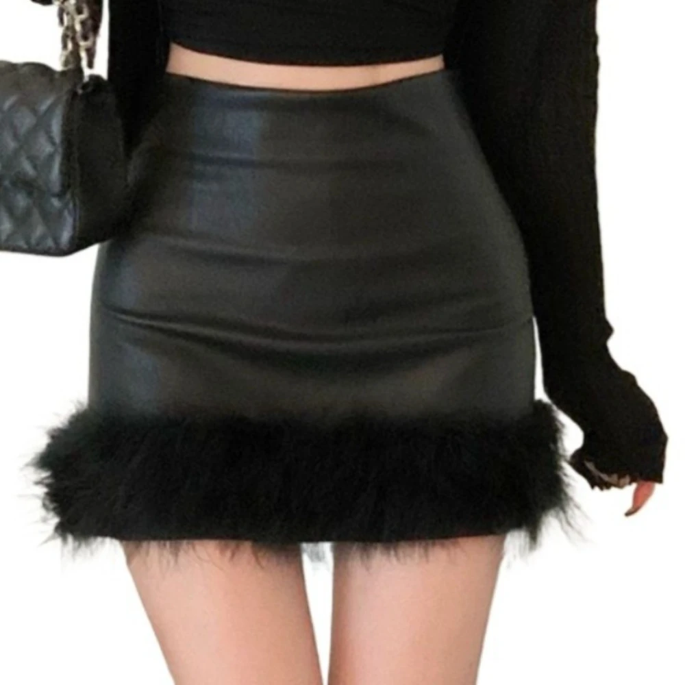 

Женские мини-юбки из искусственной кожи Y2K Sexy Party Club Тонкие облегающие юбки с меховой строчкой Юбка трапециевидной формы с высокой талией Уличная одежда