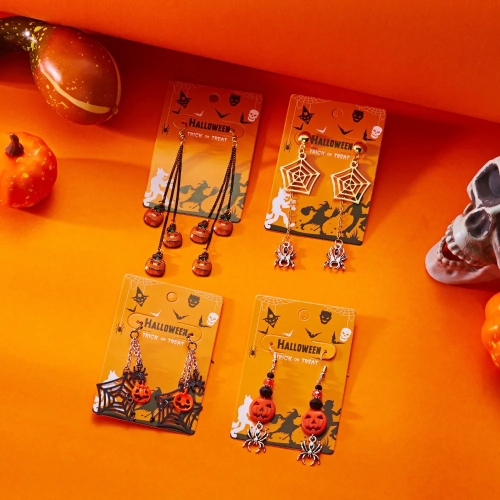 Creative Personality Pumpkin Spider Ghost Bat Web Long Dangle Earrings for Women Halloween Parade Masquerade Jewelry Accessories