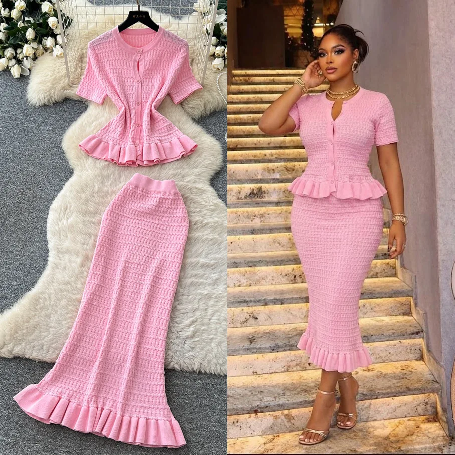 2026 Women Commute Knitted Sets Short Sleeves Ruffle Top+Mermaid Skirt Two-piece Set Summer Fashion Bodycon Skirt Matching Set
