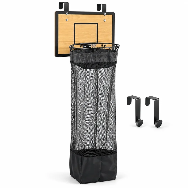 Wooden Basketball Hoop Laundry Hamper, No Drill Wall Mounted Kids Dirty Clothes Storage Rack Multifunctional Fun Organizer - view 6