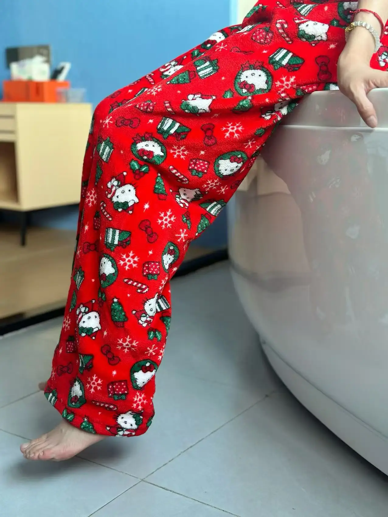 Hello Kitty Christmas Pants Cartoon Flannel Loungewear Autumn Winter Casual Trousers Women's Home Pants Christmas Gifts