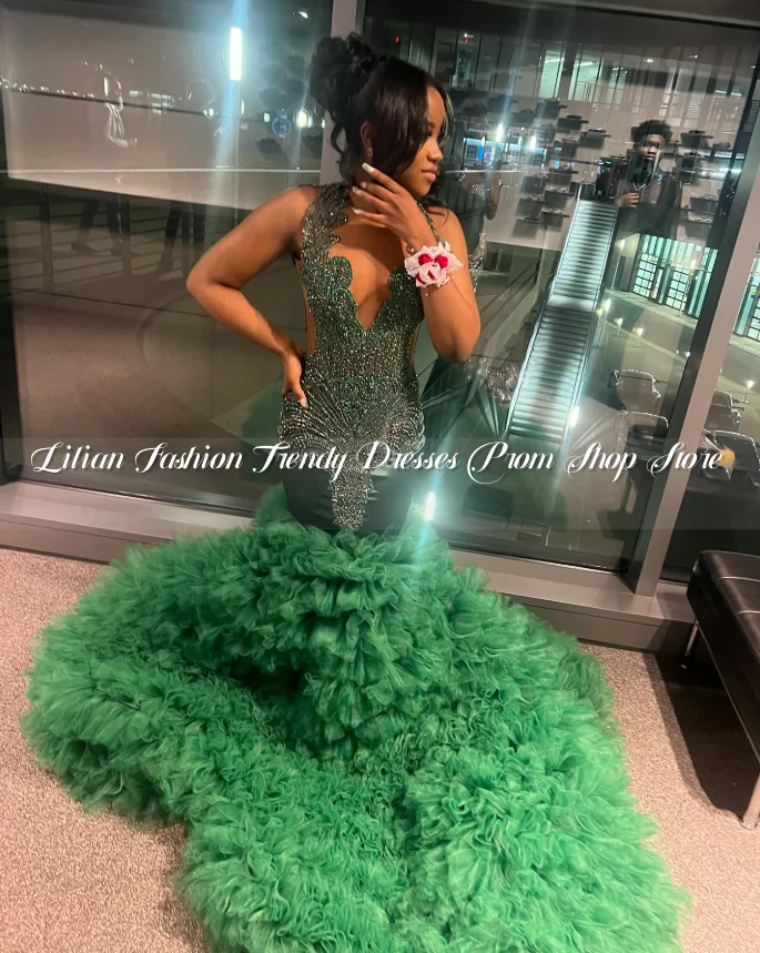 

Emerald Green Lace Mermaid Evening Gowns Luxury Diamante Applique Black Girls Birthday Party Queen Dresses Masked Ball Custom