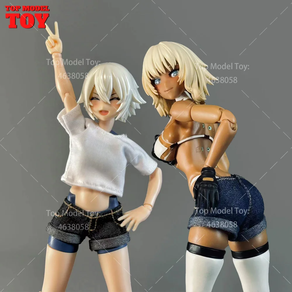 In Stock 1/12 White T-shirt Black/Blue Trend Denim Shorts Clothes Model Fit 6'' OB BJD Female Soldier Action Figure Body Dolls