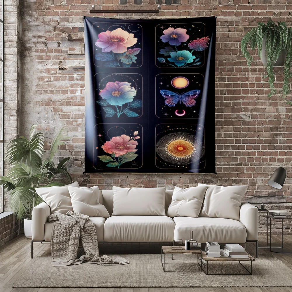 Cosmic Flower Butterfly Moon Wall Tapestry Machine Washable All Season Decor Art Print Mystical Galaxy Design Home Quick Setup