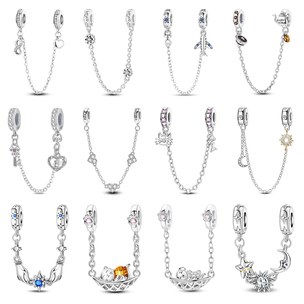 Sparkling 925 Sterling Silver Heart-shaped & Infinity & Triple Clear Jewel Safety Chain Charm Fits Bracelet Fine Jewelry Gift