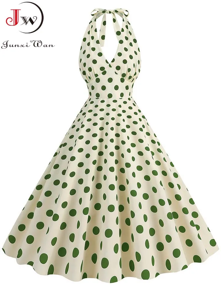 Sexy Halter Deep V-neck Retro Vintage Women Summer Dress Polka Dot Large Swing High Waist Party Dresses