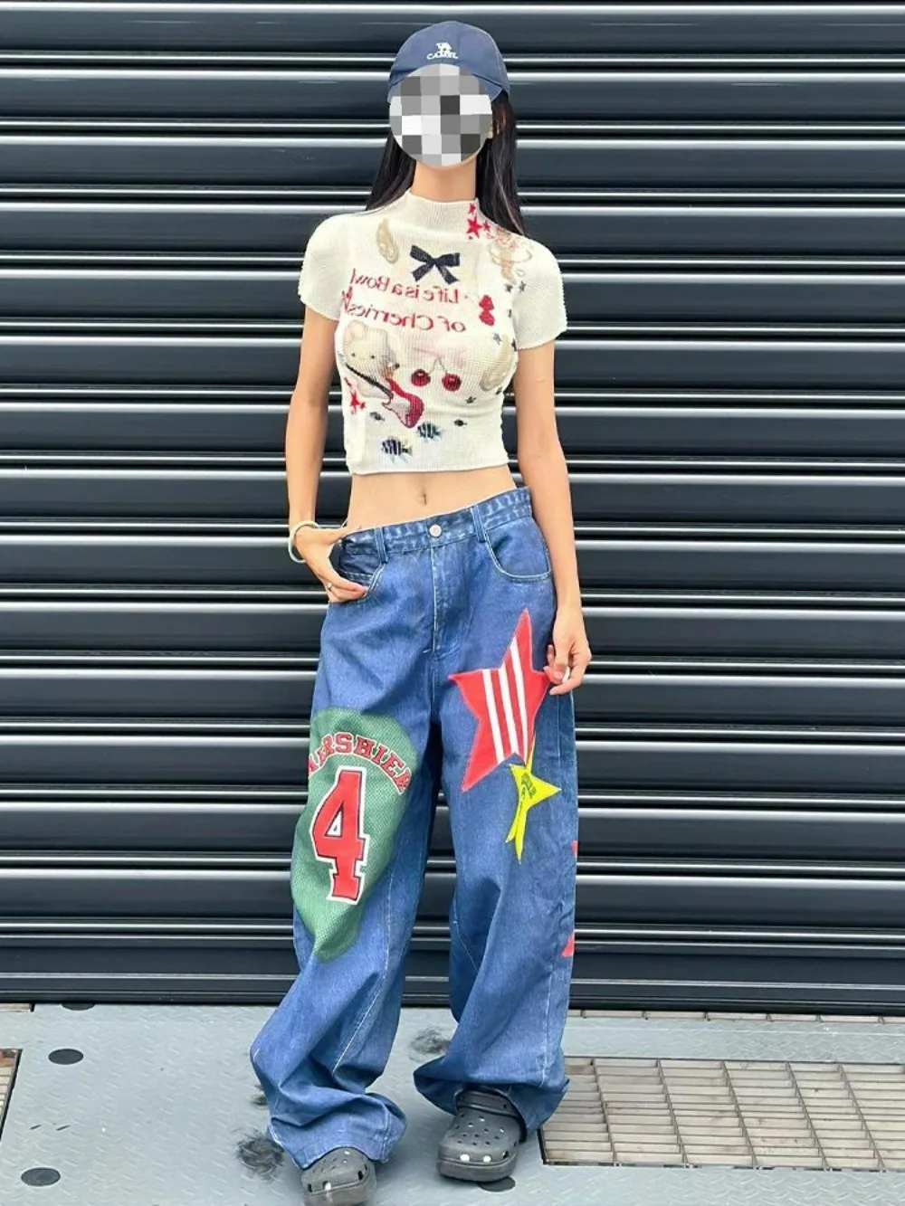 

Numeral Applique Jeans Star Patchwork Maxi Pants Nostalgic Americana Aesthetic Floor Length Statement Pants Pneuma Fashion