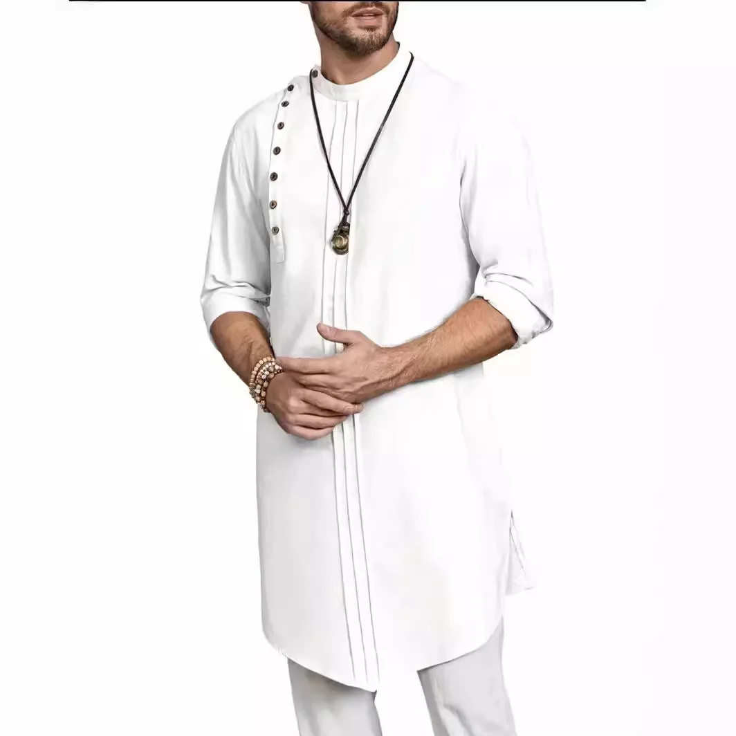 2024 Herren Kaftan Thobe Langarm Robe Kleid lässig Baumwolle Leinen Knopf muslimischen Hemd muslimische Mode islamische Kleidung Männer