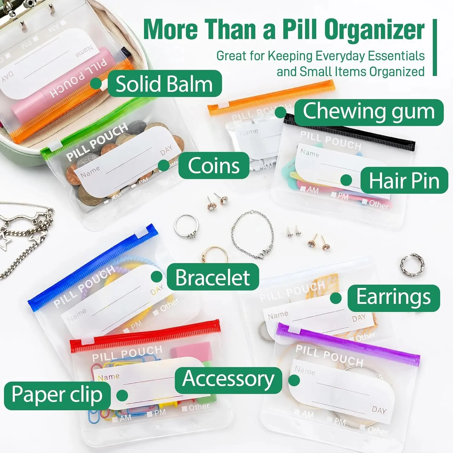 Pill Organizer Set Waterproof, 7 Day Pill Case 14 Color-Coded Pouches, Travel Medicine Organizer AM PM Labels, Portable Pill Box